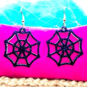 Handmade Resin Purple Glitter Spider Web Earrings